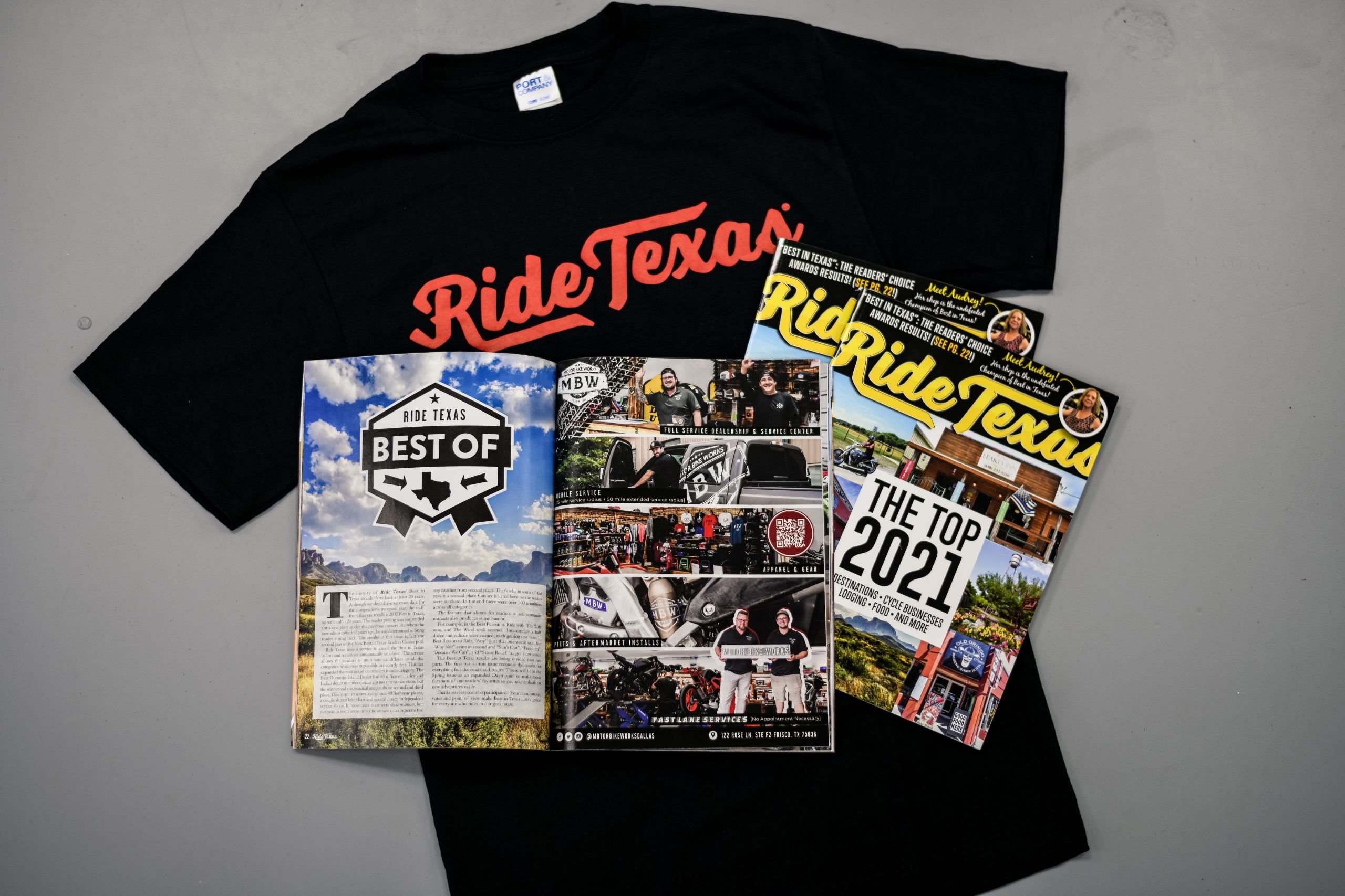 Black Ride Texas t-shirt with Ride Texas Top 2021 magazines on top of it